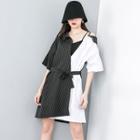 Striped Panel Elbow-sleeve Dress With Belt Black & White - One Size