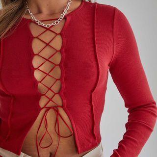 Lace-up Panel Long-sleeve Crop Top