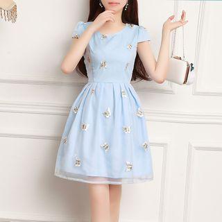 Butterfly Embroidered Short Sleeve A-line Dress