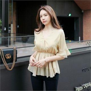 V-neck Elbow-sleeve Peplum Top