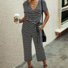 Short-sleeve Striped Tie-waist Cropped Jumpsuit