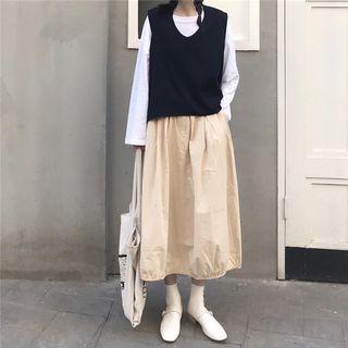 Set: Long-sleeve T-shirt + V-neck Vest + Midi Skirt