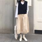 Set: Long-sleeve T-shirt + V-neck Vest + Midi Skirt