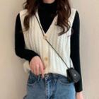 Long-sleeve Mock-neck Top / Buttoned Cable Knit Vest
