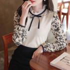 Pleated-neck Floral-sleeve Top
