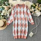 Long-sleeve Argyle Midi Knit Dress