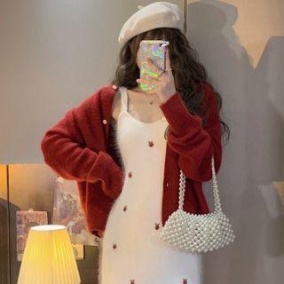 Plain Cardigan / Spaghetti Strap Strawberry Embroidered Midi Knit Dress