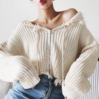 Long Sleeve Distressed Crop Knit Jacket