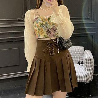Floral Panel Blouse / Pleated Mini A-line Skirt / Set