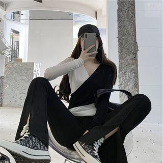 Long-sleeve Two-tone V-neck Top / Boot-cut Pants