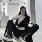 Long-sleeve Two-tone V-neck Top / Boot-cut Pants