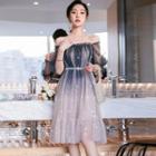 Puff-sleeve Patterned Gradient Mesh A-line Midi Dress
