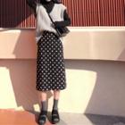 Turtleneck Long-sleeve Knit Top / Knit Vest / Dotted High-waist Midi Straight-fit Skirt / Set