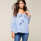 Bow Off-shoulder Pinstripe Long-sleeve Blouse