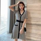 Short-sleeve Jacquard Mini A-line Knit Dress