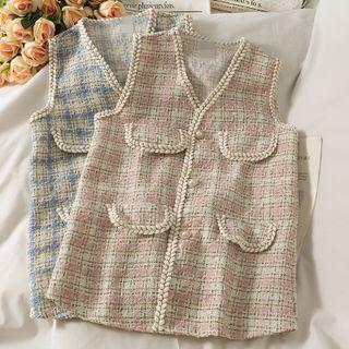 Glitter-trim Tweed Vest Jacket