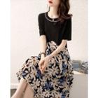 Mock Two-piece Short-sleeve Floral Panel A-line Midi Dress