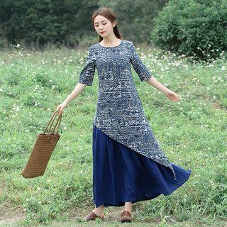 Mock Two Piece Patterned Elbow Sleeve Maxi Dress