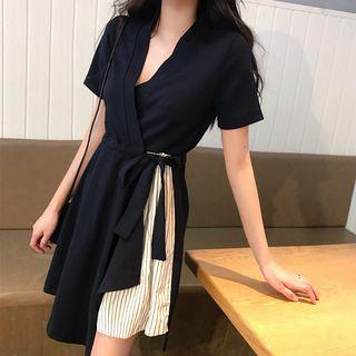 Short-sleeve Striped Panel A-line Wrap Dress