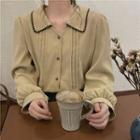 Long-sleeve Open-collar Embroidered Trim Blouse