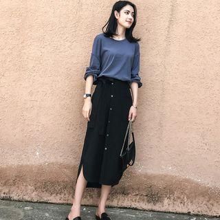 Set: Long-sleeve Top + Tie-waist Buttoned Midi Skirt