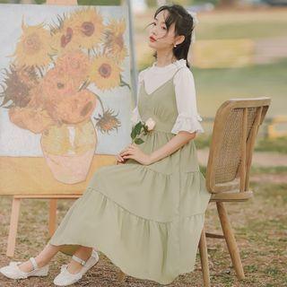 Elbow-sleeve Blouse / Midi A-line Pinafore Dress / Set