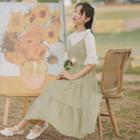Elbow-sleeve Blouse / Midi A-line Pinafore Dress / Set