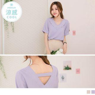 Crochet Panel Cutout V-neck Short-sleeve Chiffon Top