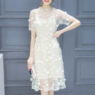 Set: Short-sleeve Mesh A-line Dress + Spaghetti Strap Dress