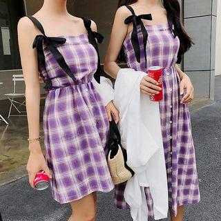 Plaid Spaghetti Strap Dress / Open-front Jacket