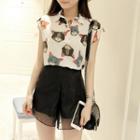 Set: Sleeveless Cat Print Blouse + Mesh Panel Shorts