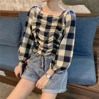 3/4-sleeve Drawstring Plaid Top