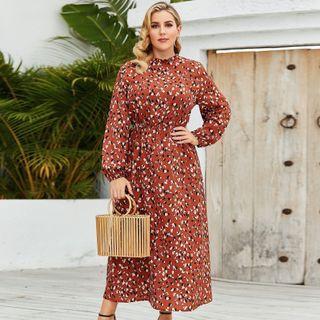 Plus Size Long-sleeve Floral Midi A-line Dress