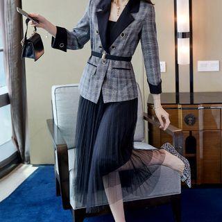 Set: Plaid Blazer + Strappy Midi A-line Dress