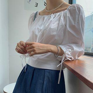 Square-neck Tie-detail Shirred Blouse