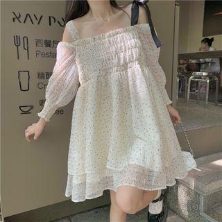 Asymmetrical Cold-shoulder Dotted A-line Dress Dots - Beige - One Size