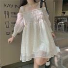 Asymmetrical Cold-shoulder Dotted A-line Dress Dots - Beige - One Size