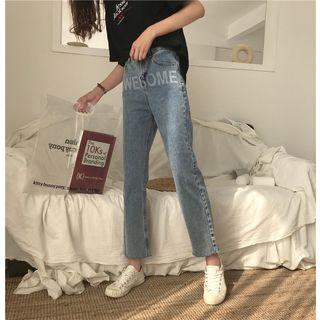 Lettering Cropped Straight-cut Jeans