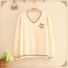 Cat Embroidered V-neck Cable Knit Sweater