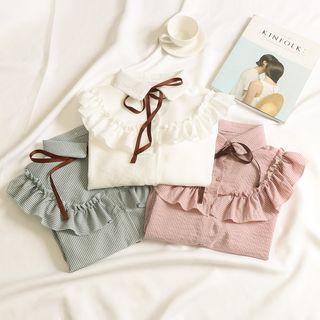 Tie-neck Frilled Trim Stripe Blouse