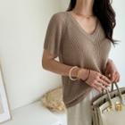V-neck Rib Knit Top Dark Beige - One Size
