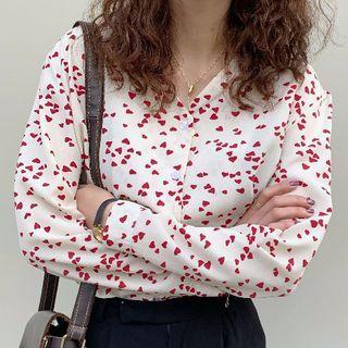 Long-sleeve Heart Print Buttoned Blouse