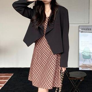 Spaghetti-strap Plaid Mini A-line Dress / Asymmetrical Jacket