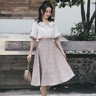 Set: Plain Short Sleeve Blouse + Plaid Midi Skirt