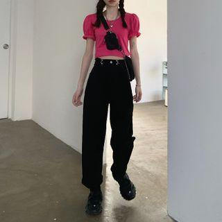Plain Short-sleeve T-shirt / Plaid Camisole / Cropped Harem Pants
