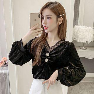Long-sleeve Lace-trim Velvet Top