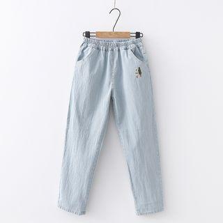 Tree Embroidered Striped Straight Cut Jeans