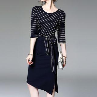 Stripe Panel Elbow-sleeve Midi Sheath Dress