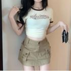 Short-sleeve Contrast Trim Cropped T-shirt / High-waist Pocket-detail A-line Mini Skirt