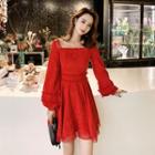 Long-sleeve Lace Trim Corduroy A-line Dress